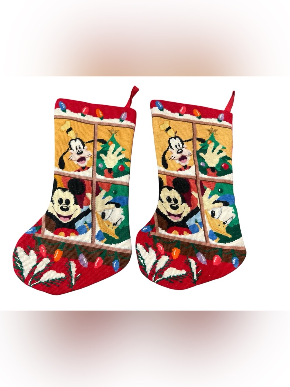 Disney Mickey Goofy Donald Christmas Stockings Needlepoint Tapestry Pair
